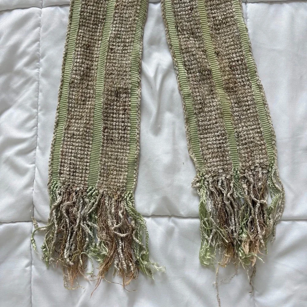 Yacan Handwoven Scarf Guatemala Backstrap Loom Cotton Rayon Green Tan Fringe